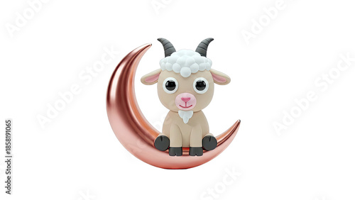 Cute Goat Sitting on Crescent Moon - Eid Mubarak