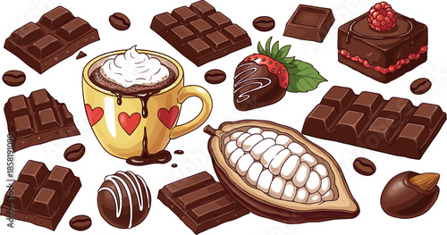 Chocolate dessert illustration set with cocoa bars, coffee cup, truffles, strawberries, and cacao pod in rich hand drawn style for sweets, cafes, and food designs