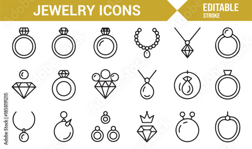 Decorative jewelry and gemstone line icon set