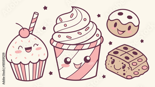 Pink Kawaii Dessert Characters Set Cute Smiling Cupcake Sundae and Hot Cross Bun Vector Illustration for Bakery Branding and Menu Design
