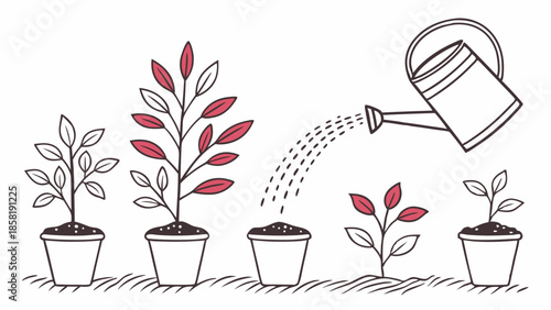 Hand Drawn Illustration of Potted Plant Growth Stages Watering Investment Development and Nurturing Progress