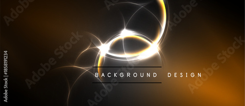 Abstract design features glowing curves, bright light effects, dark background. Elegant composition creates dynamic visual impact.