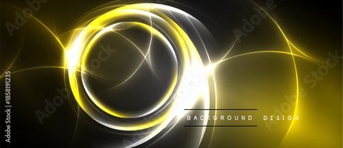 Abstract design features glowing yellow, silver lines. Concentric circles dominate dark background. Modern, dynamic visual composition.