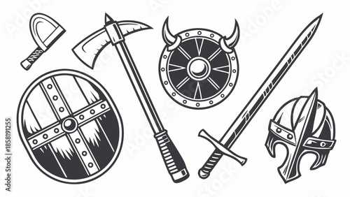 Vintage Viking Warrior Weapons Set Battle Axe Sword Shield Helmet Historical Medieval War Gear Illustration