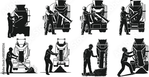 Concrete mixer icons, chute operation silhouettes, black outline workers, pouring symbol, construction branding, flow concept, site badge, delivery set