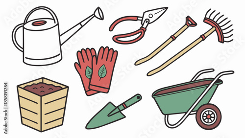 Essential Home Gardening Tools Equipment Set Flat Illustration Spring Planting Supplies and Landscaping Objects