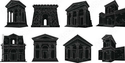 Classical architecture icons, ancient building silhouettes, black outline structures, column symbol, arch branding, pediment concept, temple badge, historic design