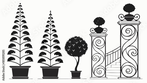 Formal Garden Topiary Trees and Ornate Architectural Gate Pillars Elegant Vector Silhouette Design