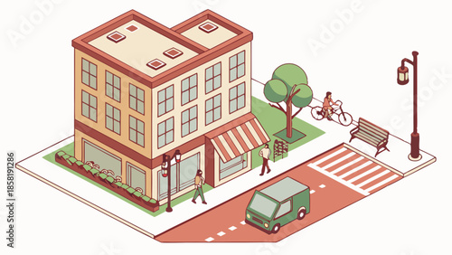 Isometric City Street Scene with Storefront Building Delivery Van and People Walking Urban Commerce and Logistics Illustration