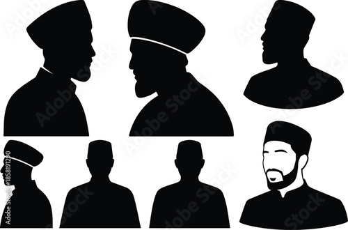 Black silhouettes of people wearing different head coverings