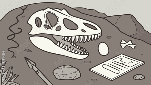 Paleontology Excavation Site Research Showing Dinosaur Skull Fossil Egg Bone and Prehistoric Stone Tools Artifacts Document