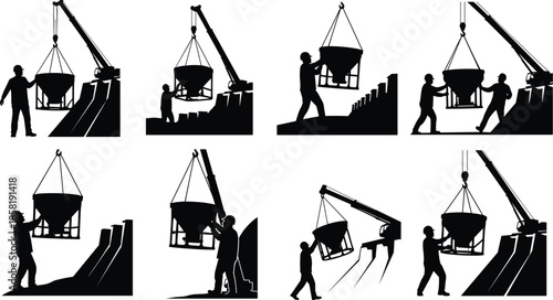 Crane operation icons, suspended bucket silhouettes, black outline workers, concrete pouring symbol, teamwork branding, rigging concept, construction badge, lift set