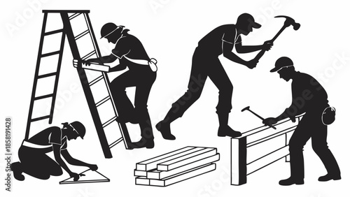 Skilled Construction Workers Silhouettes Building and Renovating Home Projects Diverse Labor Force Teamwork
