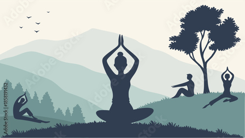 Tranquil Yoga and Meditation Silhouettes in Nature Peaceful Wellness Scene for Mental Health and Outdoor Exercise