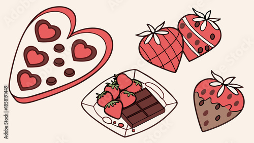 Valentine's Day Heart Shaped Chocolate Desserts and Dipped Strawberries Illustration Sweet Romantic Treats for Holiday Web Design and Advertising