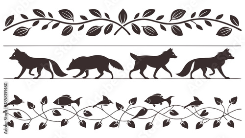 Decorative Borders Set of Wildlife Silhouettes Fox Wolf Fish Bird and Botanical Leaf Ornaments Vintage Rustic Engraving Style Dividers.