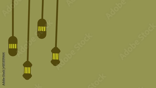 Ramadan Kareem Transition Background with Flying Up Clouds and Hanging Lanterns in Olive Green Flat Design.