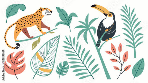 Exotic Tropical Jungle Wildlife Vector Illustration Leopard Toucan and Palm Leaves for Summer Web Design and Packaging Design