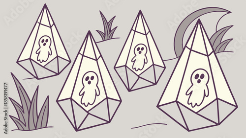 Cute Spooky Ghosts Encased in Geometric Crystal Terrariums Halloween Illustration Design Asset for October Holiday Graphics