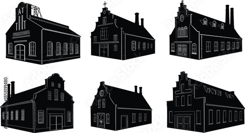 European building icons, traditional architecture silhouettes, black outline structures, gable symbol, chimney branding, signage concept, facade badge, historic design