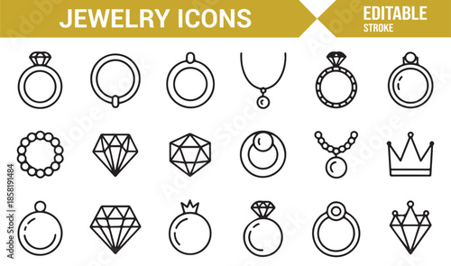 Elegant jewelry symbols and ornaments line icons