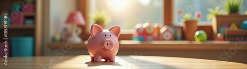 Pink piggy bank sitting on a table in front of a window