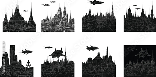 Futuristic city icons, sci-fi skyline silhouettes, black outline buildings, spire symbol, dome branding, spacecraft concept, humanoid badge, space-age design
