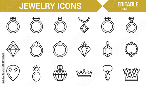 Rings, necklaces and earrings line icons