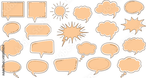 Hand drawn speech bubble and comic dialog cloud set in retro doodle style for conversation, messaging, storytelling, and creative design projects