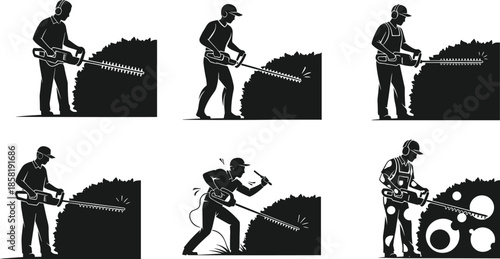 Gardening icons, hedge trimming silhouettes, black outline landscapers, topiary symbol, outdoor branding, pruning concept, creative badge, bush shaping set
