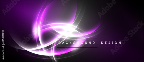 Abstract purple light streaks form dynamic curves. Bright center radiates energy against dark backdrop. Modern design element.