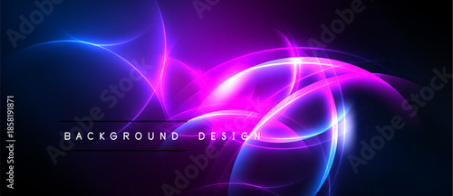 Abstract background features vibrant blue, purple curves. Dynamic light effects create modern design. Smooth gradients, elegant composition.