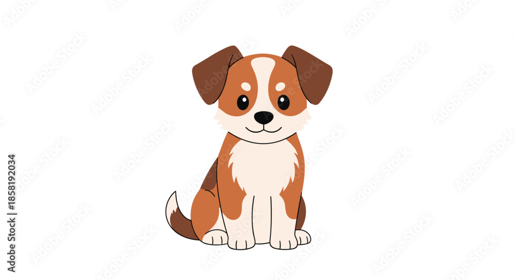 Obraz premium Cute brown and white puppy sitting calmly and looking forward with a friendly expression on a plain white background.