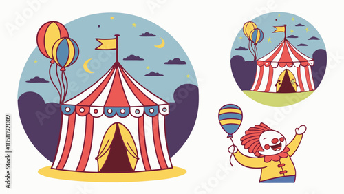 Striped Big Top Circus Tent and Happy Clown Character Vector Illustration Set for Carnival Entertainment Festival Event Promotion Design