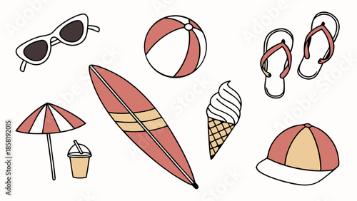 Sunny Summer Beach Vacation Essentials Doodle Illustration Surfboard Flip Flops Ice Cream and Cap for Travel and Holiday Promotion