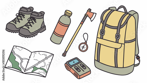 Essential Hiking and Camping Gear Layout Map Boots Backpack Compass Axe for Outdoor Adventure Travel and Wilderness Exploration