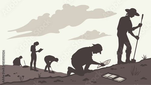 Historical Research Progression Archaeologists Digging and Documenting Findings in the Field Sepia Illustration