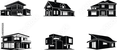 A simple illustration showing a set of house icons representing residential homes and real estate design