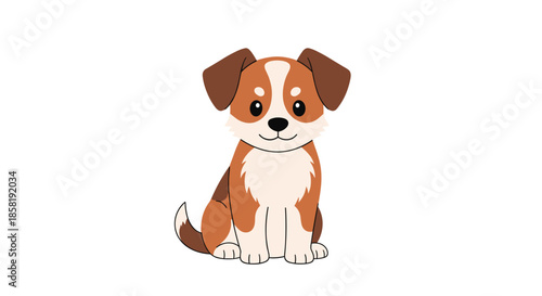 Cute brown and white puppy sitting calmly and looking forward with a friendly expression on a plain white background.