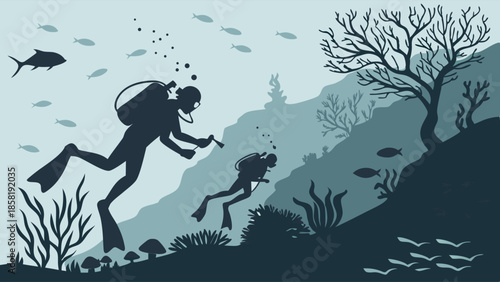 Scuba Divers Silhouette Exploring Deep Ocean Floor and Coral Reef Marine Life Adventure Travel Illustration