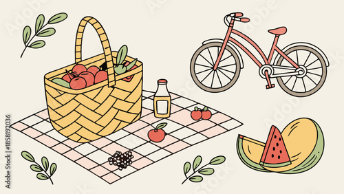 Summer Picnic Basket with Fresh Organic Fruits and Bicycle Illustration for Healthy Outdoor Leisure Activity