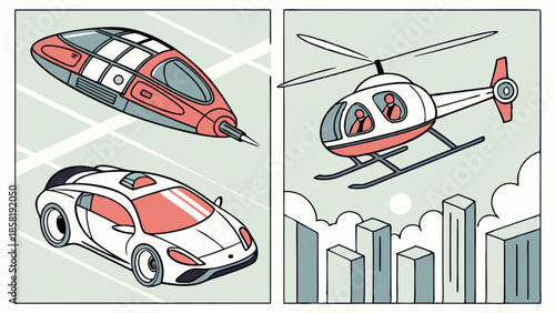 Futuristic Transport Illustration Featuring Flying Pod Helicopter and Modern Autonomous Car for Urban Mobility