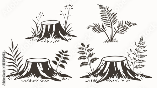 Vintage Woodcut Illustration of Forest Tree Stumps and Wild Ferns Rustic Nature and Ecology Design Element
