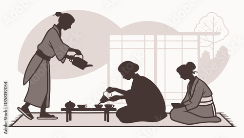 Traditional Japanese Tea Ceremony Illustration Women in Kimono Performing Chado Ritual Asian Culture and Zen Practice Vector Design