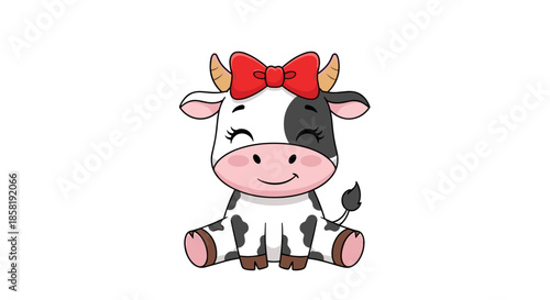 Adorable black and white cow character with a large red bow on its head sitting down with a sweet and happy face.