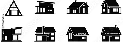 House icons, architectural silhouette set, black outline homes, residential symbol, style comparison branding, roof concept, design badge, housing variety