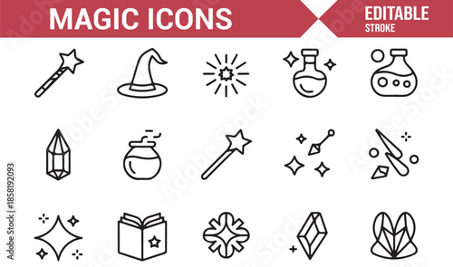 Fantasy magic and mystical outline icons