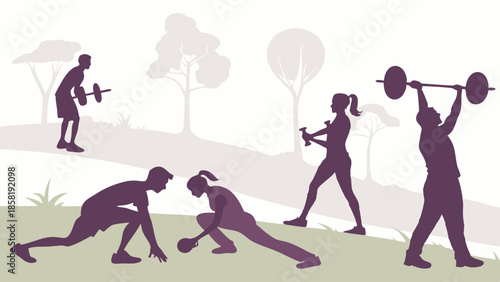 Active Men and Women Doing Strength Training Outdoors Weightlifting and Functional Fitness Workout Silhouette Illustration for Health and Wellness