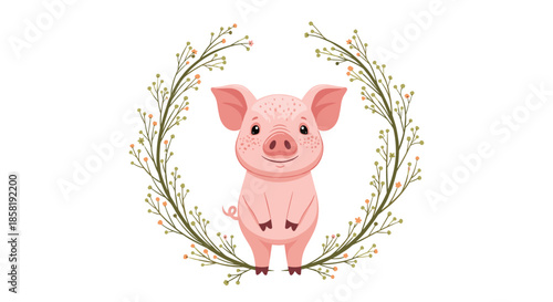 Sweet pink piglet smiling happily within a circular wreath of delicate branches and tiny blossoms on a plain white background.