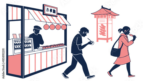 Minimalist Illustration of Tourists Enjoying Japanese Festival Street Food and Cultural Market Scene